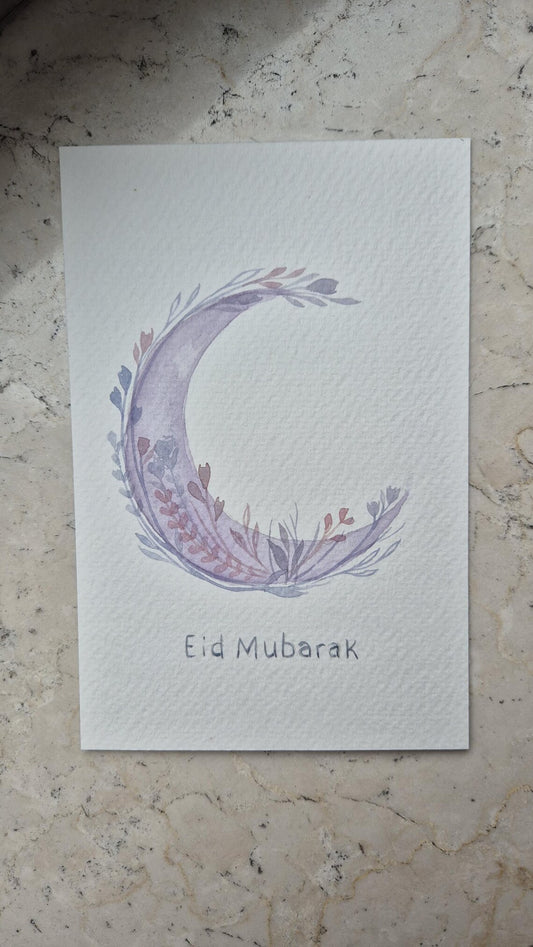Handgemalte Eid Mubarak Karte mit Mond- und Blumen-Aquarell-Design